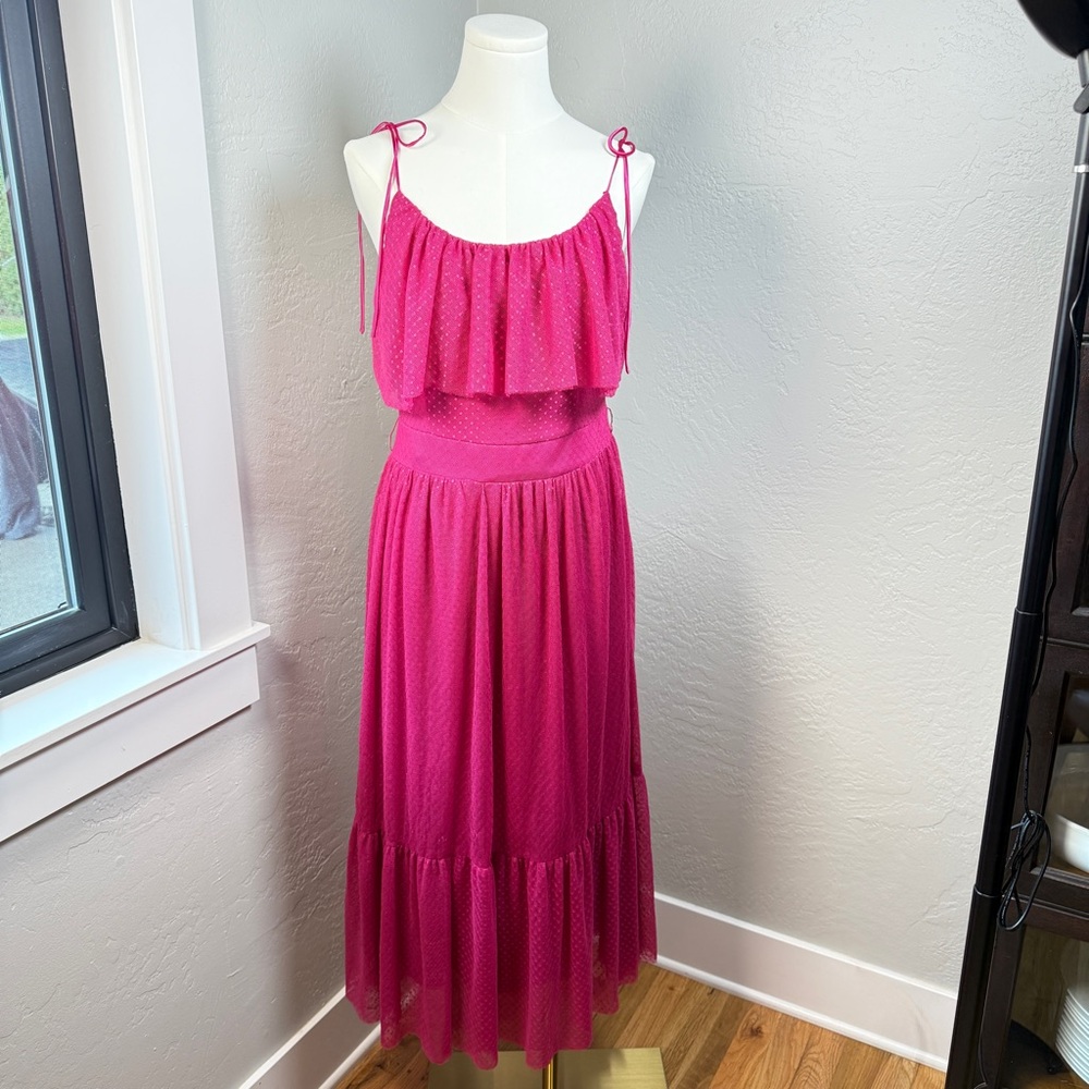 Lulus Hot Pink Swiss Dot Ruffle Tie Strap Midi Dress Size M